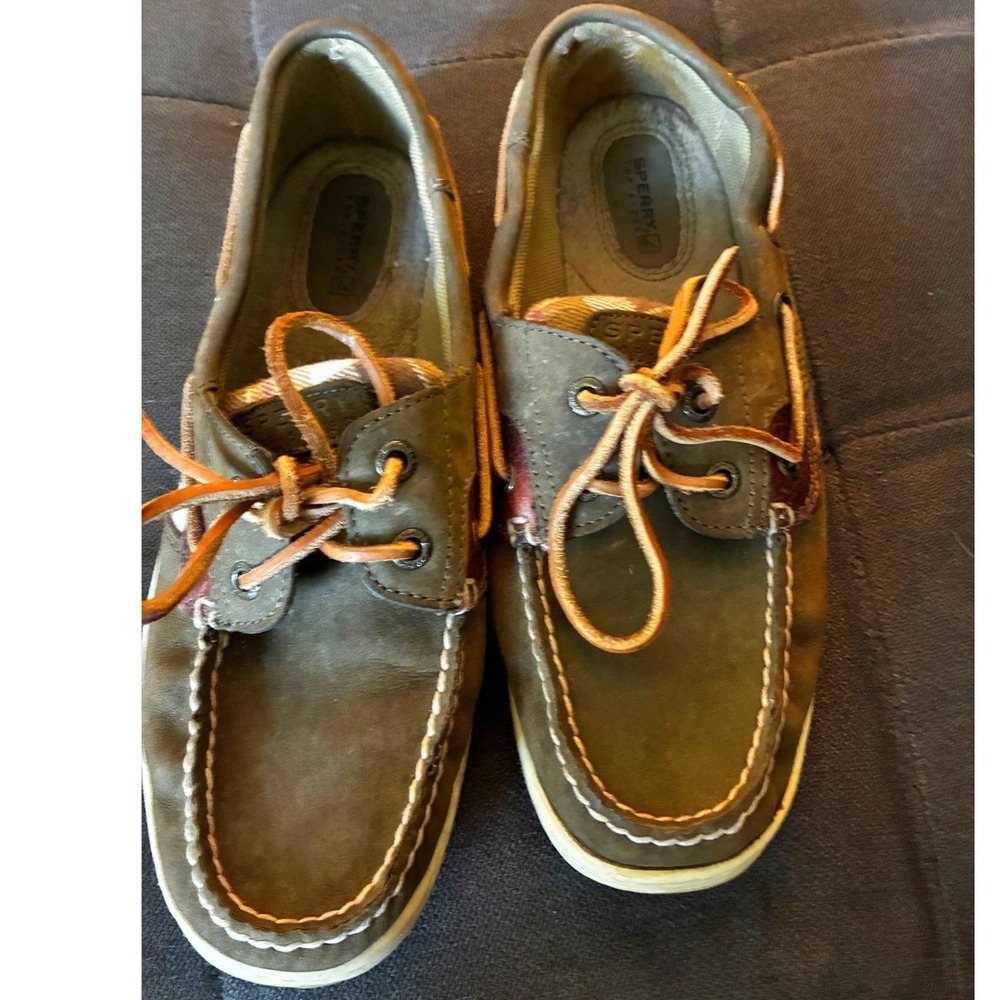 Sperry Boat Shoes Womens 8.5 Olive Green Plaid Top Sider Leather Nautical Loafer